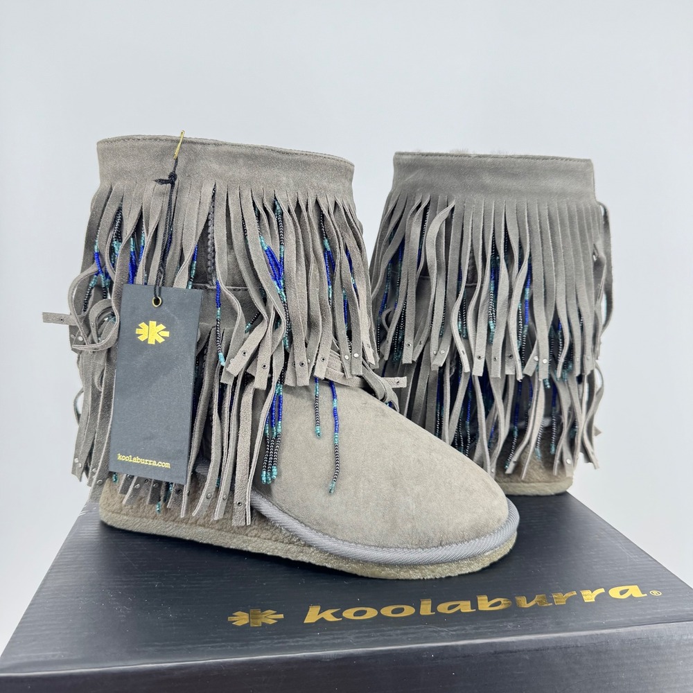 Koolaburra Sophie Grey Suede Fringe Beaded Ankle Boots Women Size 8 NEW